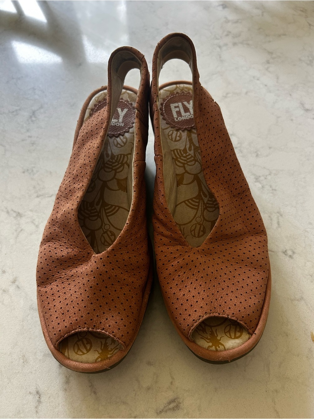 Fly London pink Perforated Peep-Toe Slingback Wedges